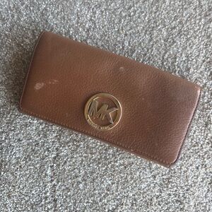 Michael Kors Brown Leather Continental Wallet with Gold MK Medallion